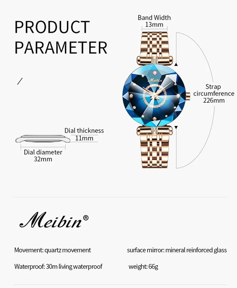 for Women Rose Gold Stainless Ladies Female Fashion Luxury Diamond Dress Business Waterproof Quartz Girls architect Wife Gifts Crystal Blue Wrist Watch Watches 