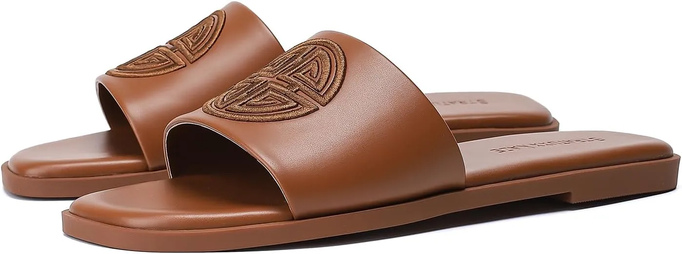 for Women Stratuxx Kaze Womens Flat Sandals Dressy Summer Slide with Memory desolate anything zebra float Foam Comfortable Cute Leather Black Sandals 