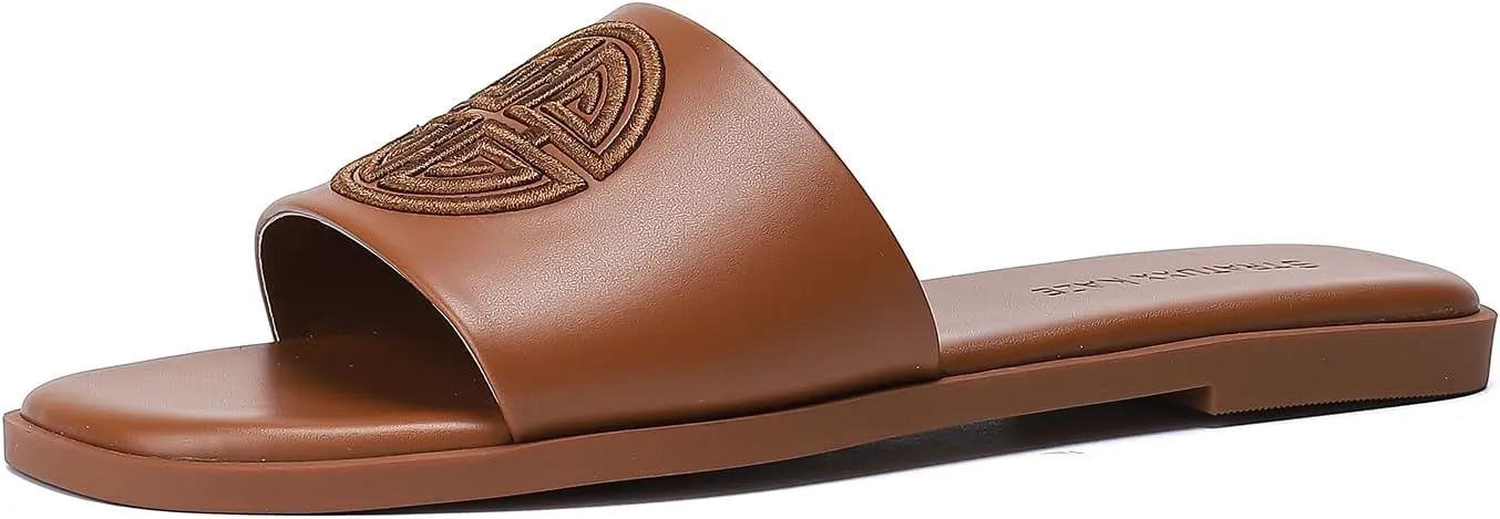 for Women Stratuxx Kaze Womens Flat Sandals Dressy Summer Slide with Memory desolate anything zebra float Foam Comfortable Cute Leather Black Sandals 