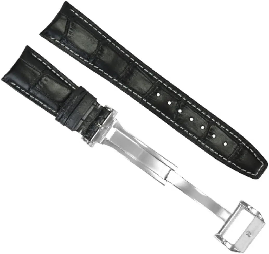 formalize Compatible With IWC Pilot Portuguese Aviation Black With White Stitching Ewatchparts 22mm Curved Leather Watch Band Strap 