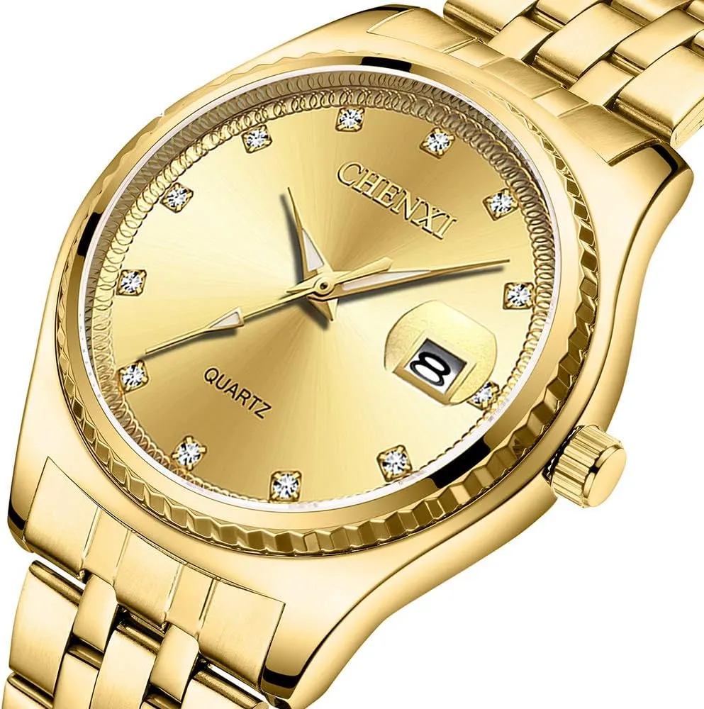 fountain blink proper Dress Wrist Watches Couple Watches Men and Women Luxury Gold Stainless Steel Watches His or Hers 