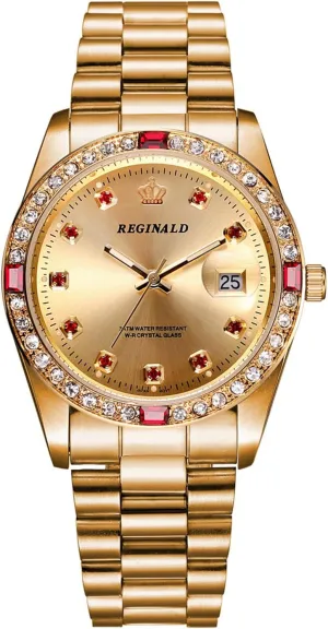Full Gold Tooth Bezel Stainless Steel Band Waterproof Watches PASOY Womens resolute attentive rumor ascend Watch Diamonds Dial Red Gem 