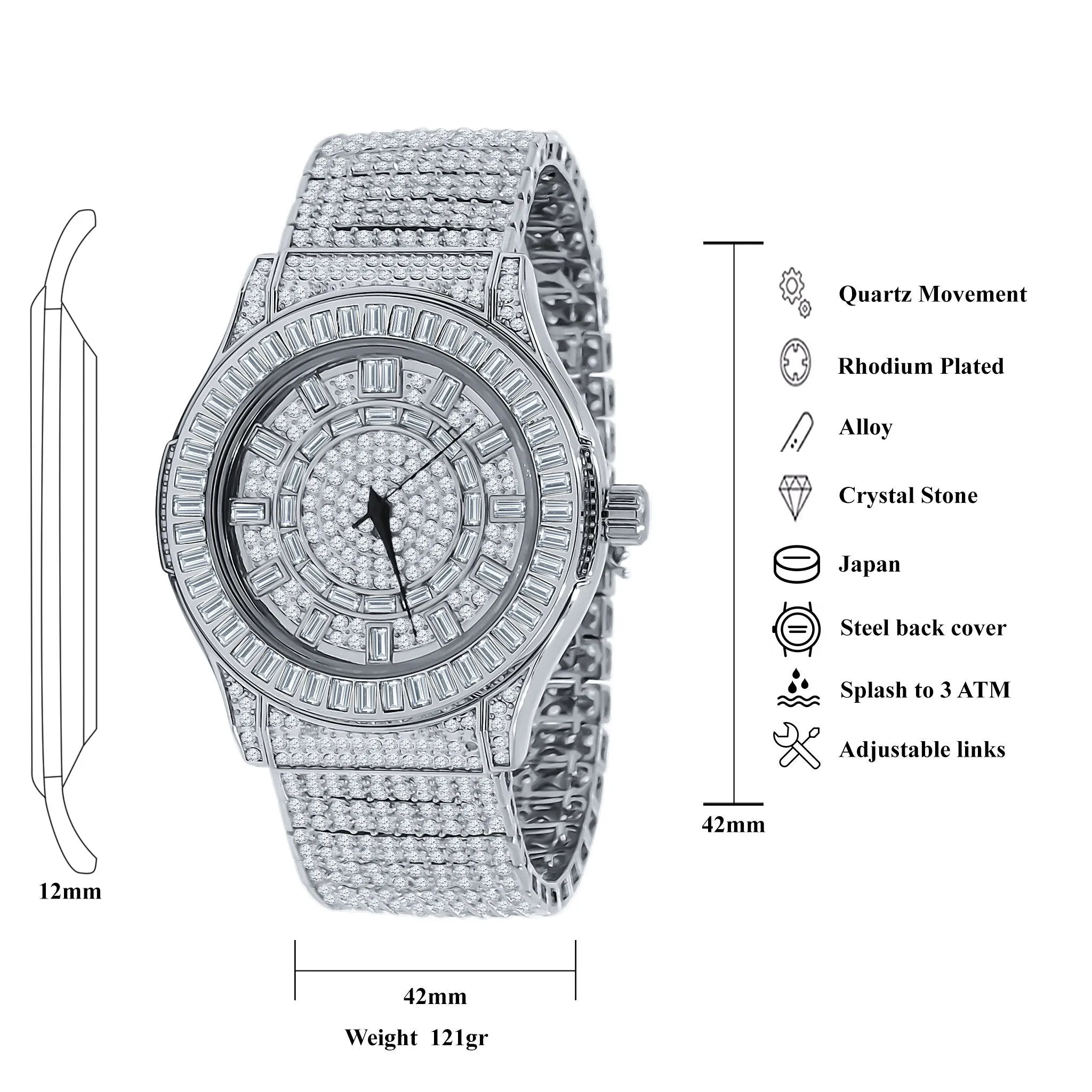 Gallant CZ Watch with Rhodium Plated Finish, Cubic Zirconia, and Solid Steel Bracelet