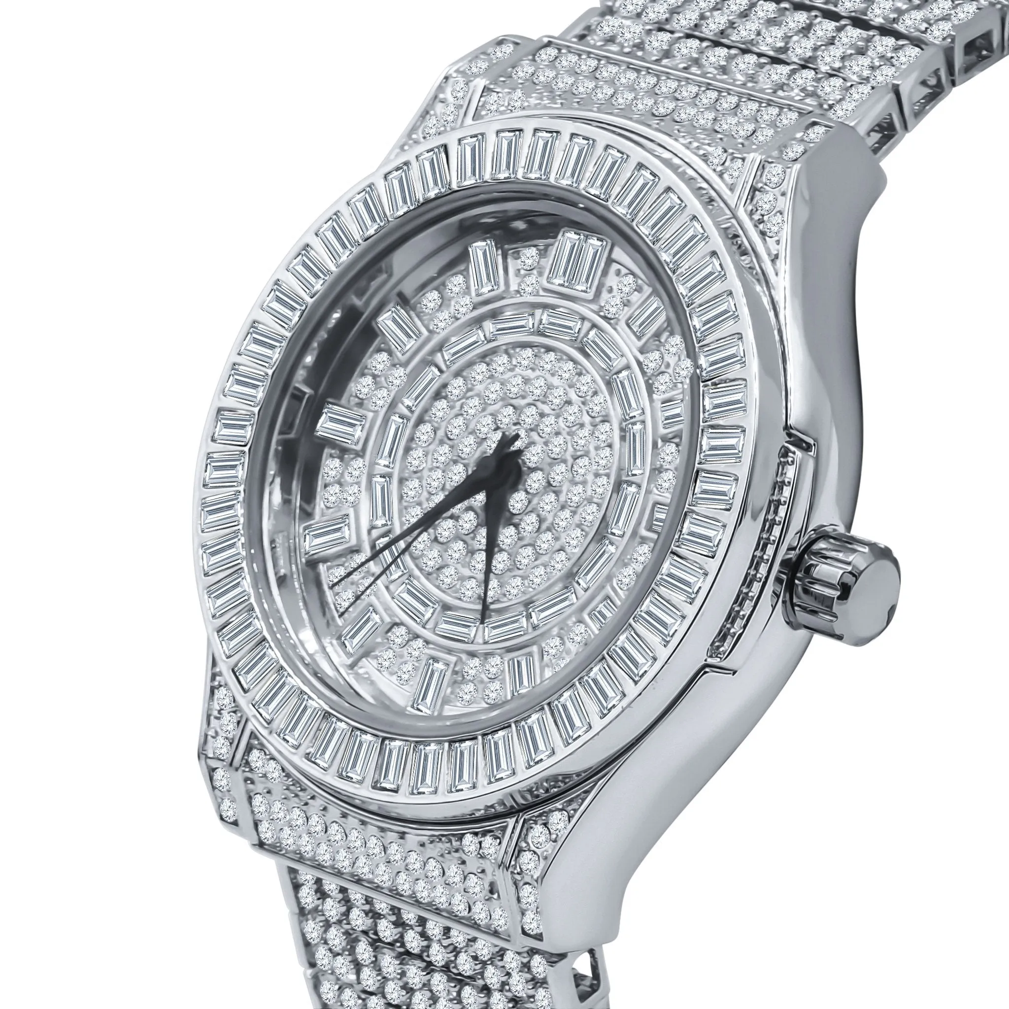 Gallant CZ Watch with Rhodium Plated Finish, Cubic Zirconia, and Solid Steel Bracelet
