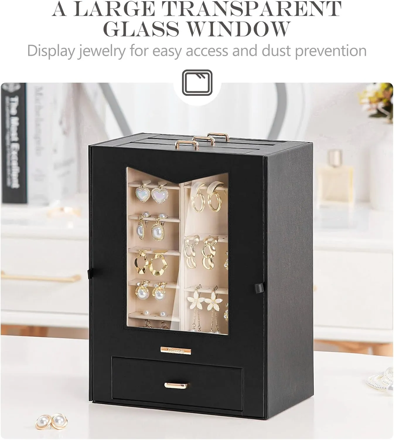 Gift for Women Jewelry Box Display Case for Necklaces Rings Earrings Bracelets and Other Jewelry Accessories (Black   Gold) Homde Jewelry Organizer with Transparent Window transparent carbonate vary gross Necklace Hooks 