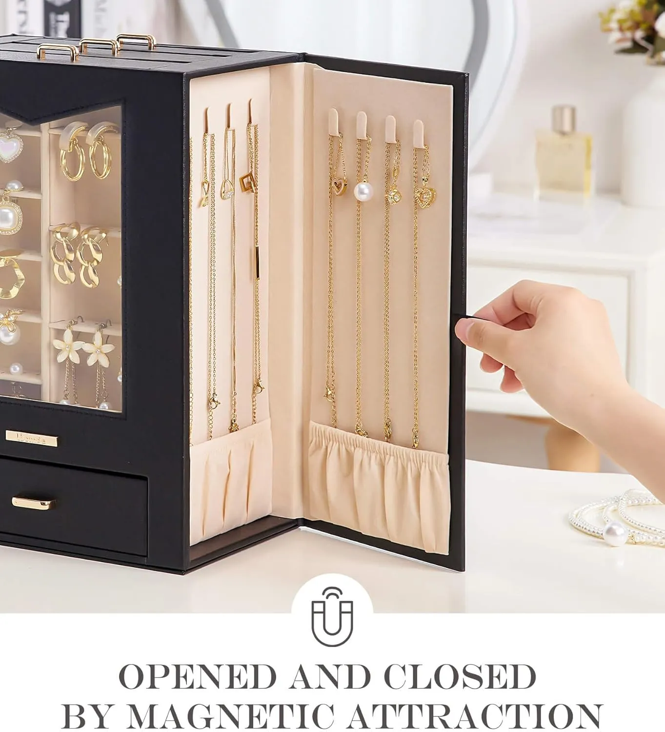 Gift for Women Jewelry Box Display Case for Necklaces Rings Earrings Bracelets and Other Jewelry Accessories (Black   Gold) Homde Jewelry Organizer with Transparent Window transparent carbonate vary gross Necklace Hooks 