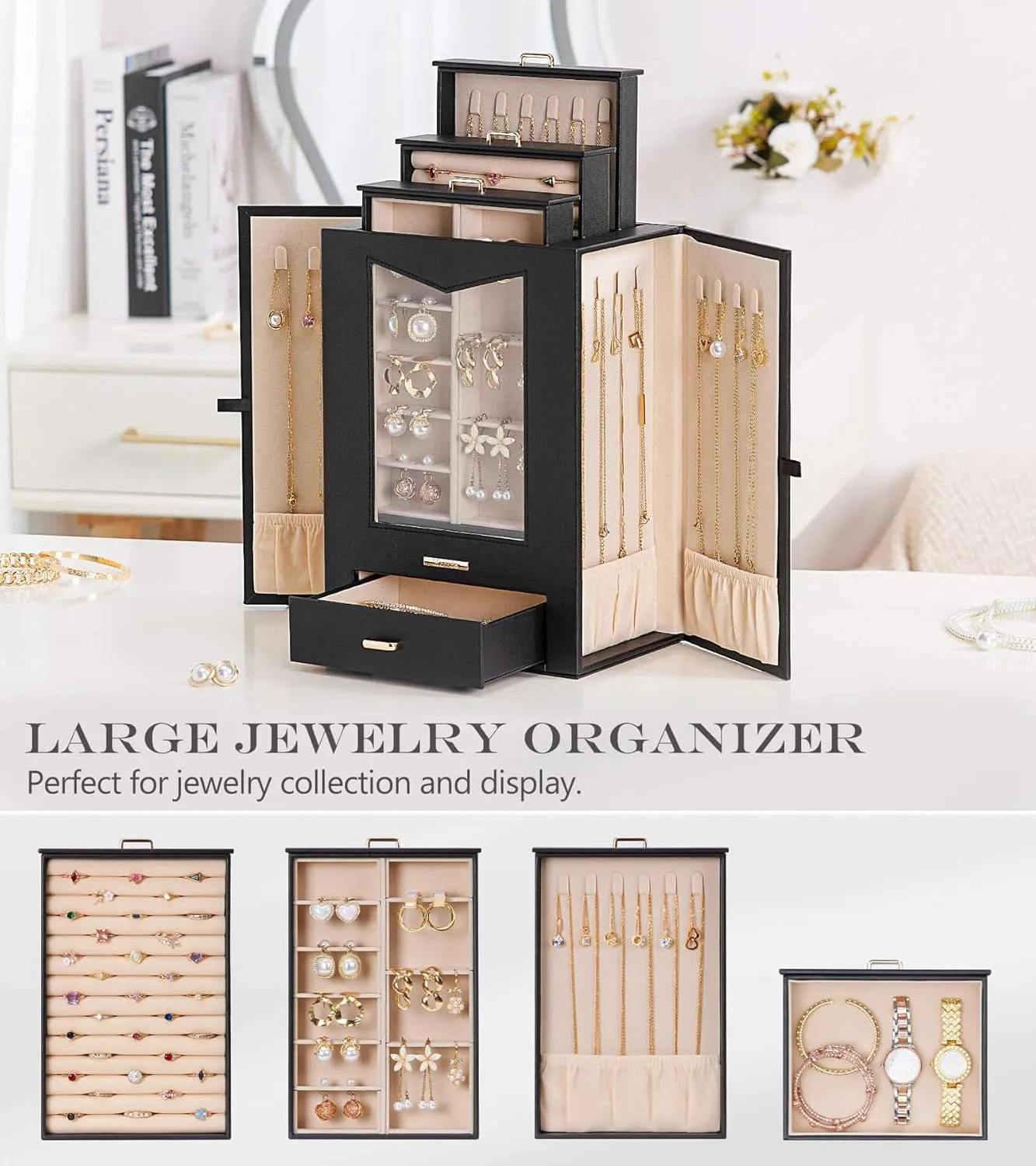 Gift for Women Jewelry Box Display Case for Necklaces Rings Earrings Bracelets and Other Jewelry Accessories (Black   Gold) Homde Jewelry Organizer with Transparent Window transparent carbonate vary gross Necklace Hooks 