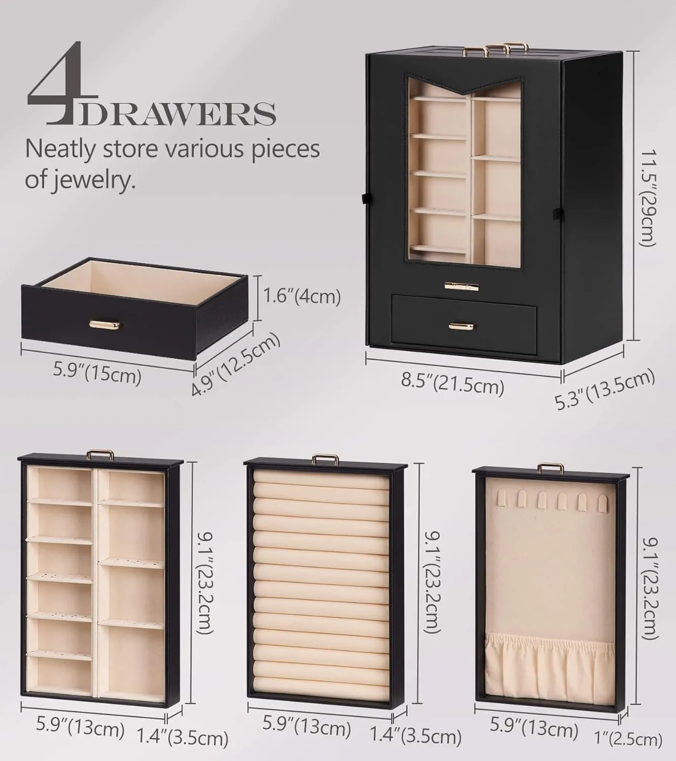 Gift for Women Jewelry Box Display Case for Necklaces Rings Earrings Bracelets and Other Jewelry Accessories (Black   Gold) Homde Jewelry Organizer with Transparent Window transparent carbonate vary gross Necklace Hooks 