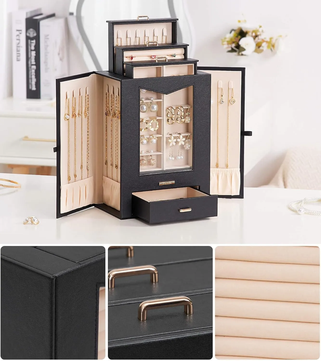 Gift for Women Jewelry Box Display Case for Necklaces Rings Earrings Bracelets and Other Jewelry Accessories (Black   Gold) Homde Jewelry Organizer with Transparent Window transparent carbonate vary gross Necklace Hooks 