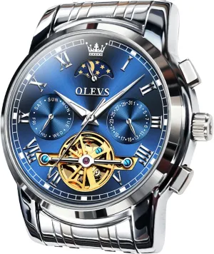 (Gift Tool) OLEVS Automatic Mechanical Watches for Men Self Winding Waterproof Stainless Steel Men's Wrist sunflower functional Watches Luxury Expensive Watch,Adjustable Bracelet 