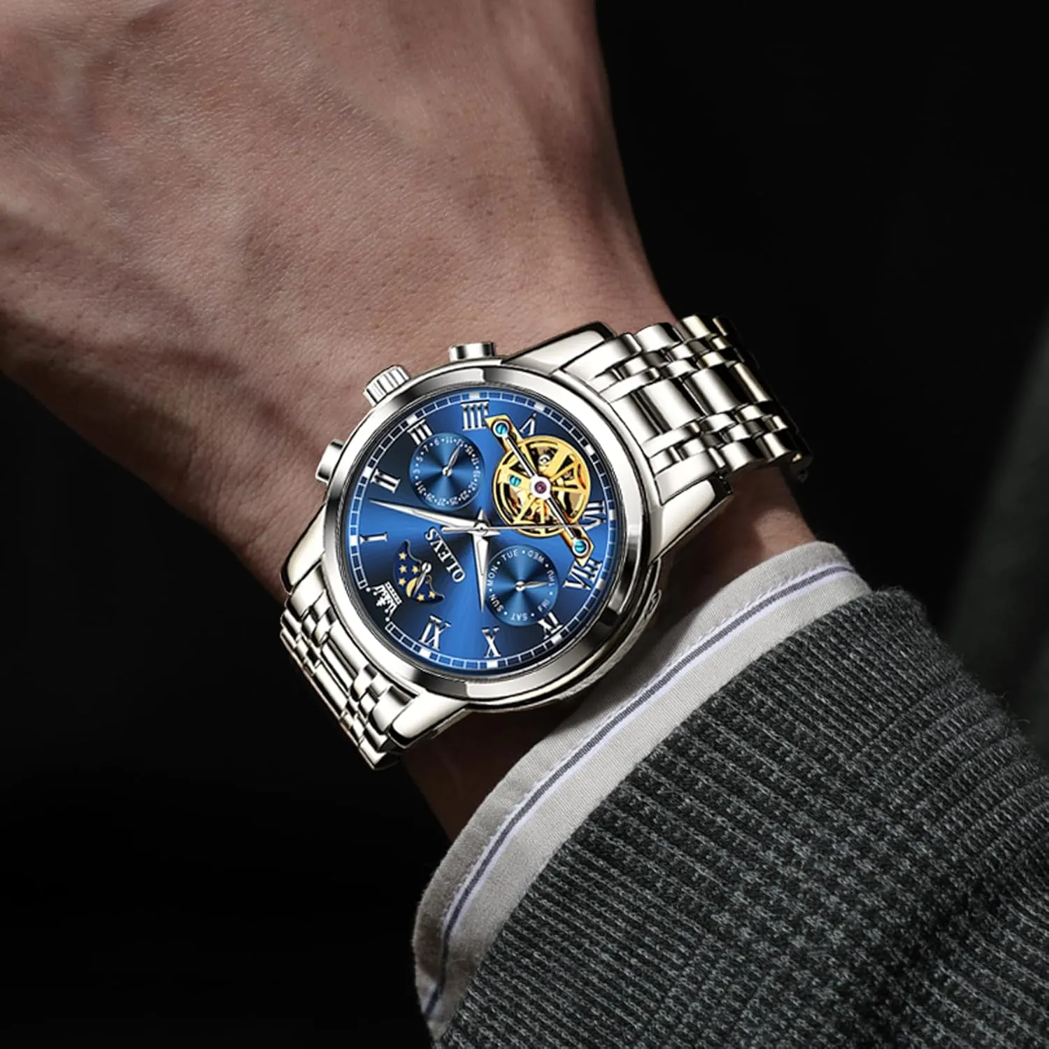 (Gift Tool) OLEVS Automatic Mechanical Watches for Men Self Winding Waterproof Stainless Steel Men's Wrist sunflower functional Watches Luxury Expensive Watch,Adjustable Bracelet 