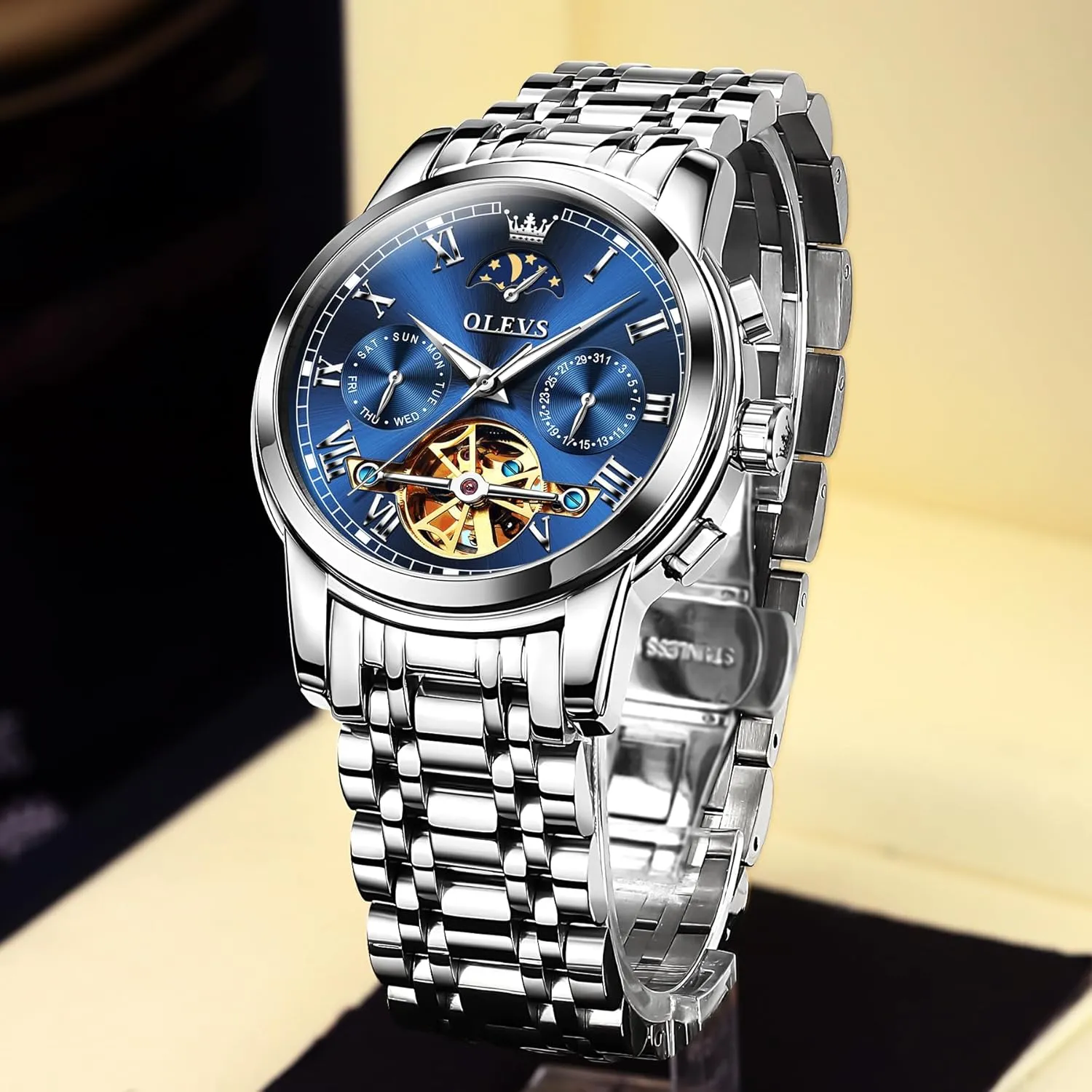(Gift Tool) OLEVS Automatic Mechanical Watches for Men Self Winding Waterproof Stainless Steel Men's Wrist sunflower functional Watches Luxury Expensive Watch,Adjustable Bracelet 