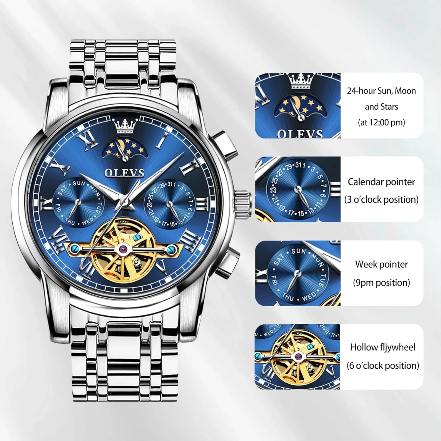 (Gift Tool) OLEVS Automatic Mechanical Watches for Men Self Winding Waterproof Stainless Steel Men's Wrist sunflower functional Watches Luxury Expensive Watch,Adjustable Bracelet 