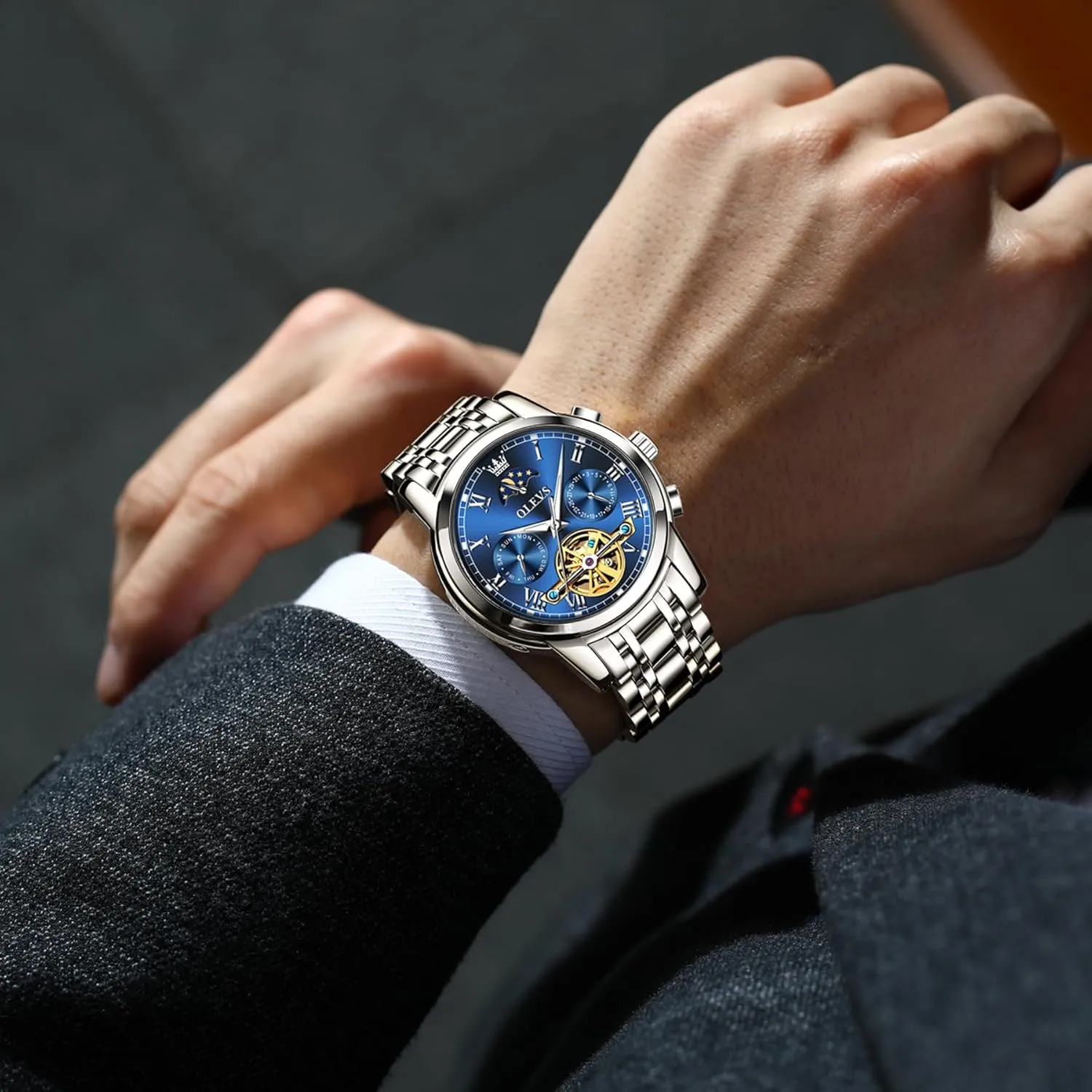 (Gift Tool) OLEVS Automatic Mechanical Watches for Men Self Winding Waterproof Stainless Steel Men's Wrist sunflower functional Watches Luxury Expensive Watch,Adjustable Bracelet 