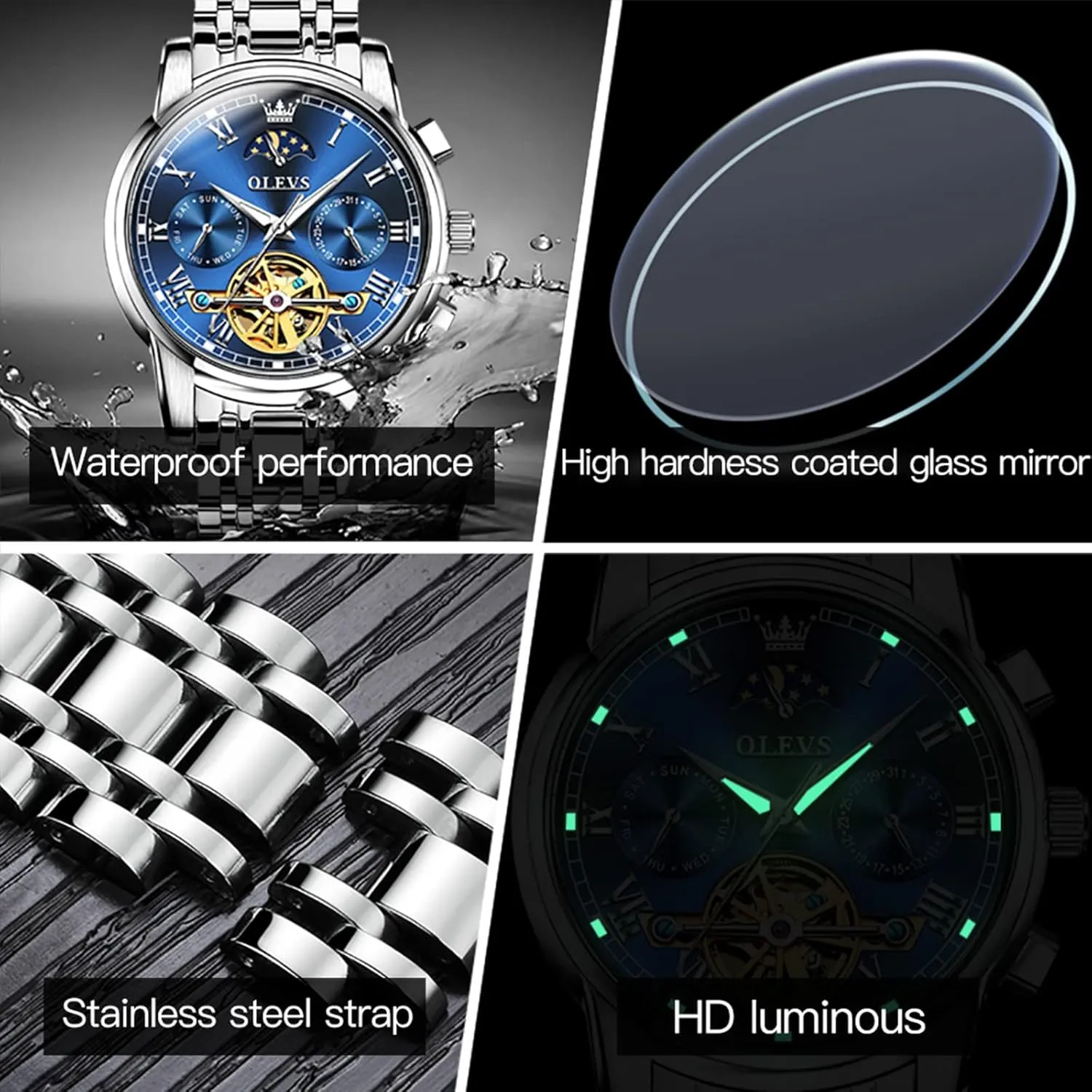 (Gift Tool) OLEVS Automatic Mechanical Watches for Men Self Winding Waterproof Stainless Steel Men's Wrist sunflower functional Watches Luxury Expensive Watch,Adjustable Bracelet 