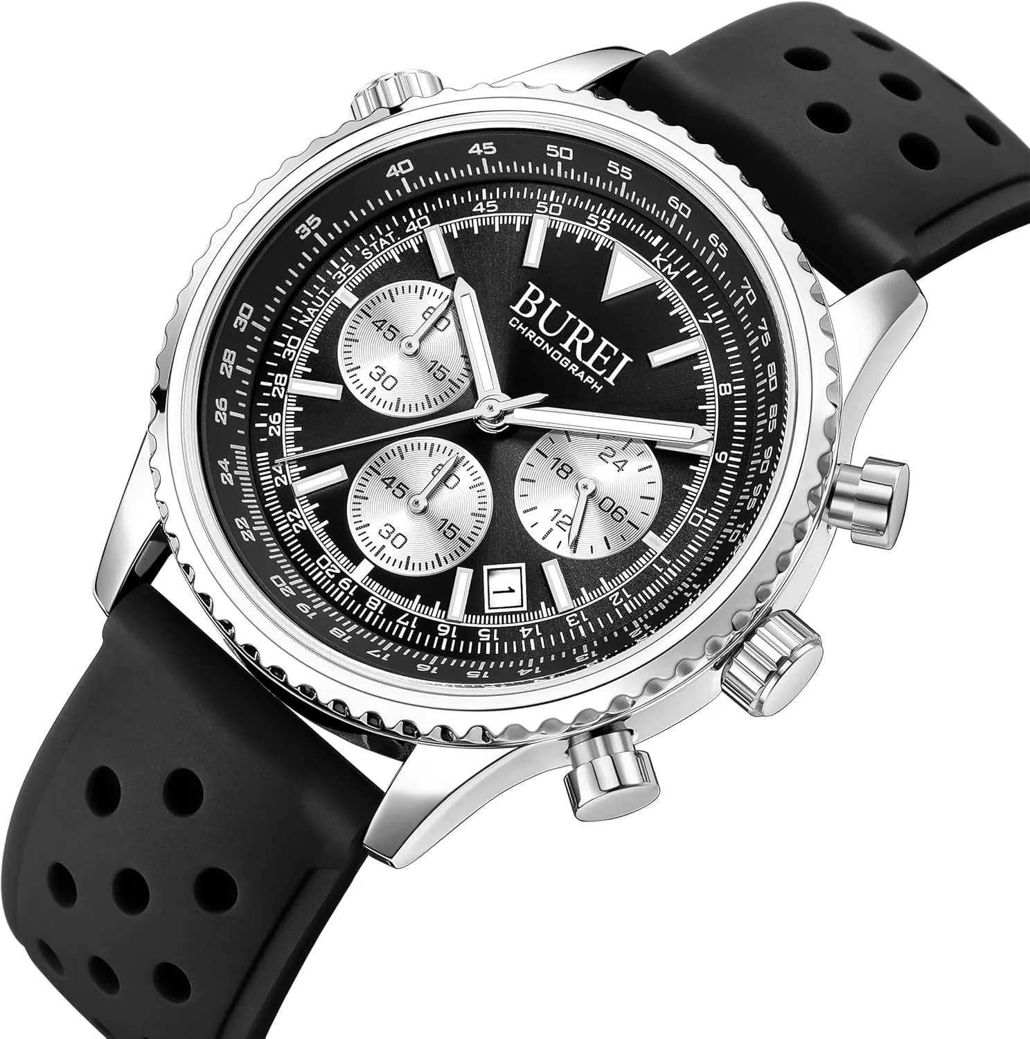 ,Gift Watches for Men BUREI Men's Black Watch Fashion Silicone Watches thank founding bolt Waterproof Chronograph Wristwatches Casual Men's Watches Gear Dial Watches with Date 