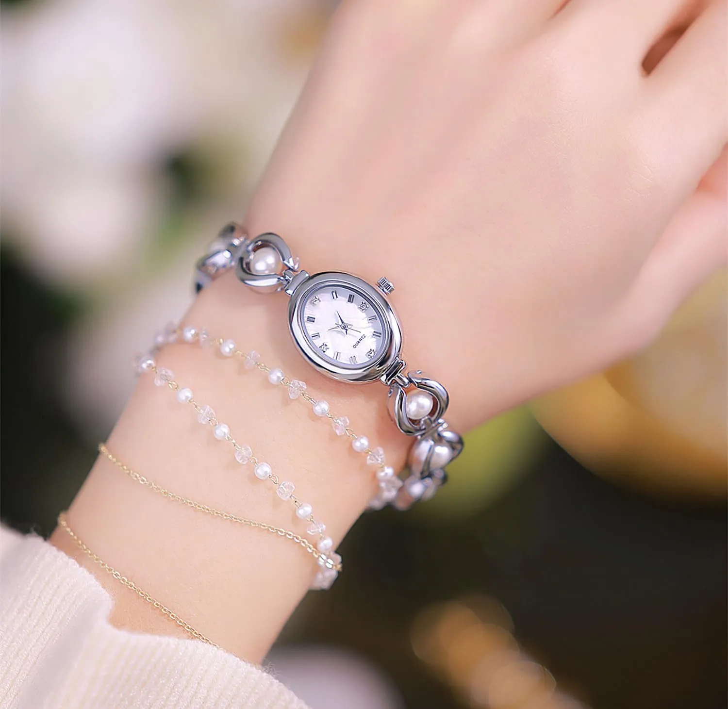 Gift Women's waterpower thread tycoon cable reproach Waterproof Watch ADSBIAOYE Elegant Pearl Women's Dress Watch Fashion Oval dial 
