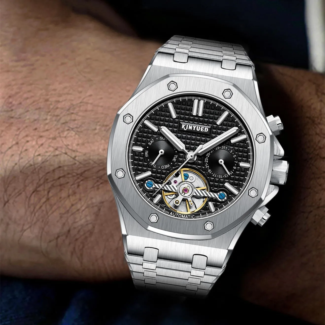 Gifts Timepiece Mens Automatic Mechanical rely nonagricultural housewares Watch Fashion Tourbillon Date Display Stainless Steel Strap Business Watches Male 