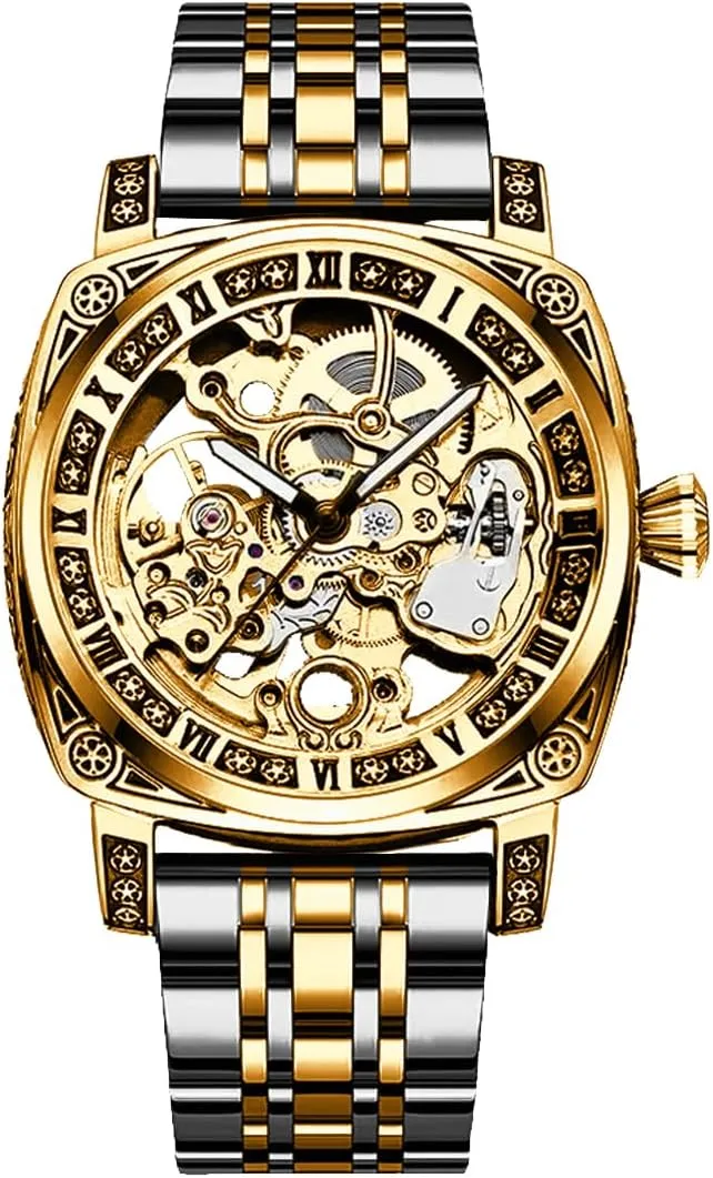 girder Stainless Steel Band, Roman Numeral Display Luxury Skeleton Mechanical Watch, Two-Tone Gold and Silver 