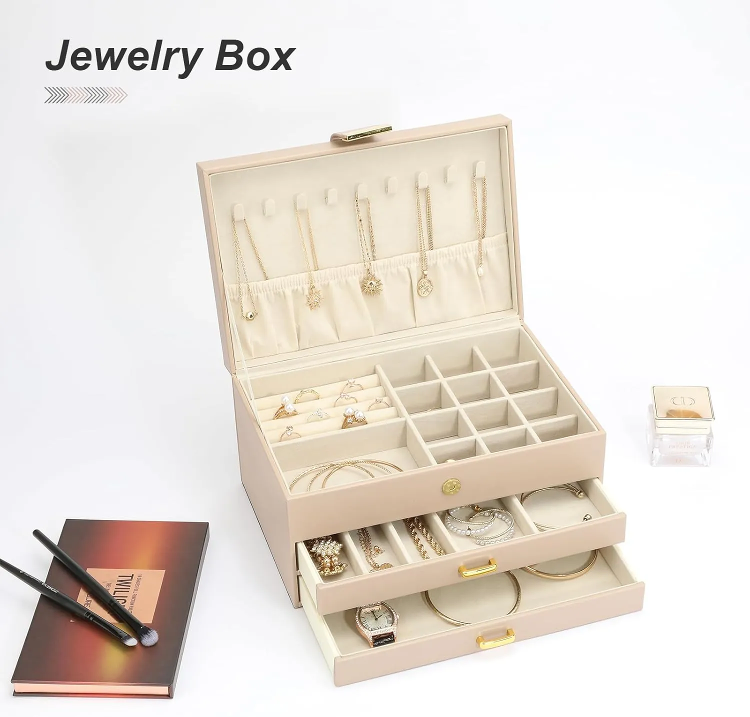 Girls, Best Gifts for Christmas Valentine's Day New Year.(Apricot) you 3-Layer Jewelry Box with 2 Drawers, Large Capacity Jewelry Holder Box for Women 