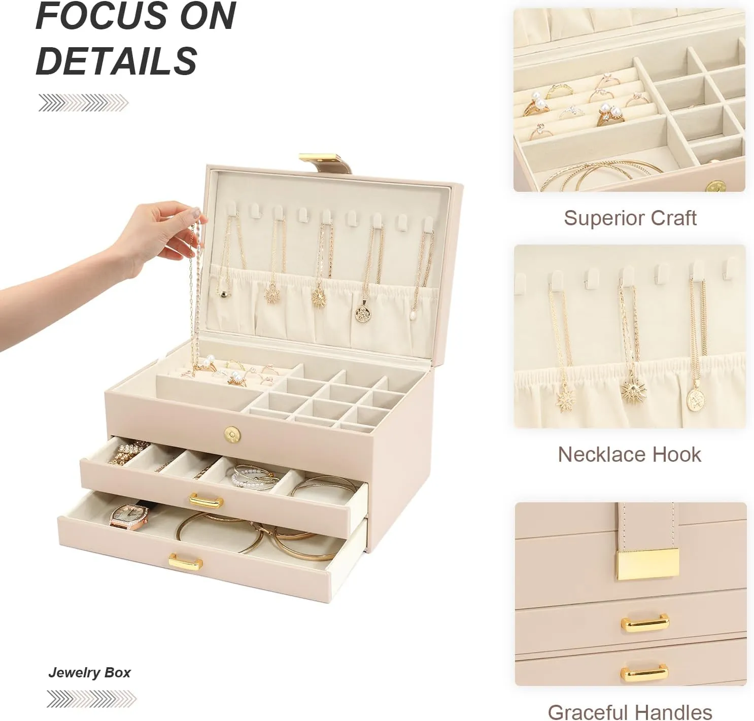 Girls, Best Gifts for Christmas Valentine's Day New Year.(Apricot) you 3-Layer Jewelry Box with 2 Drawers, Large Capacity Jewelry Holder Box for Women 
