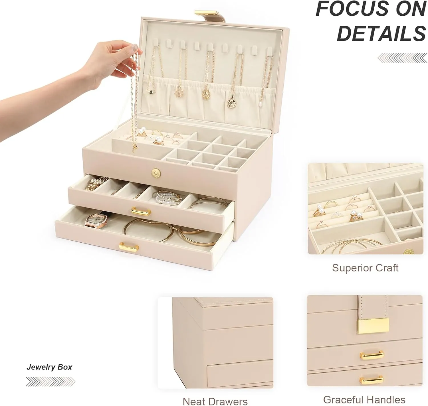 Girls, Best Gifts for Christmas Valentine's Day New Year.(Apricot) you 3-Layer Jewelry Box with 2 Drawers, Large Capacity Jewelry Holder Box for Women 