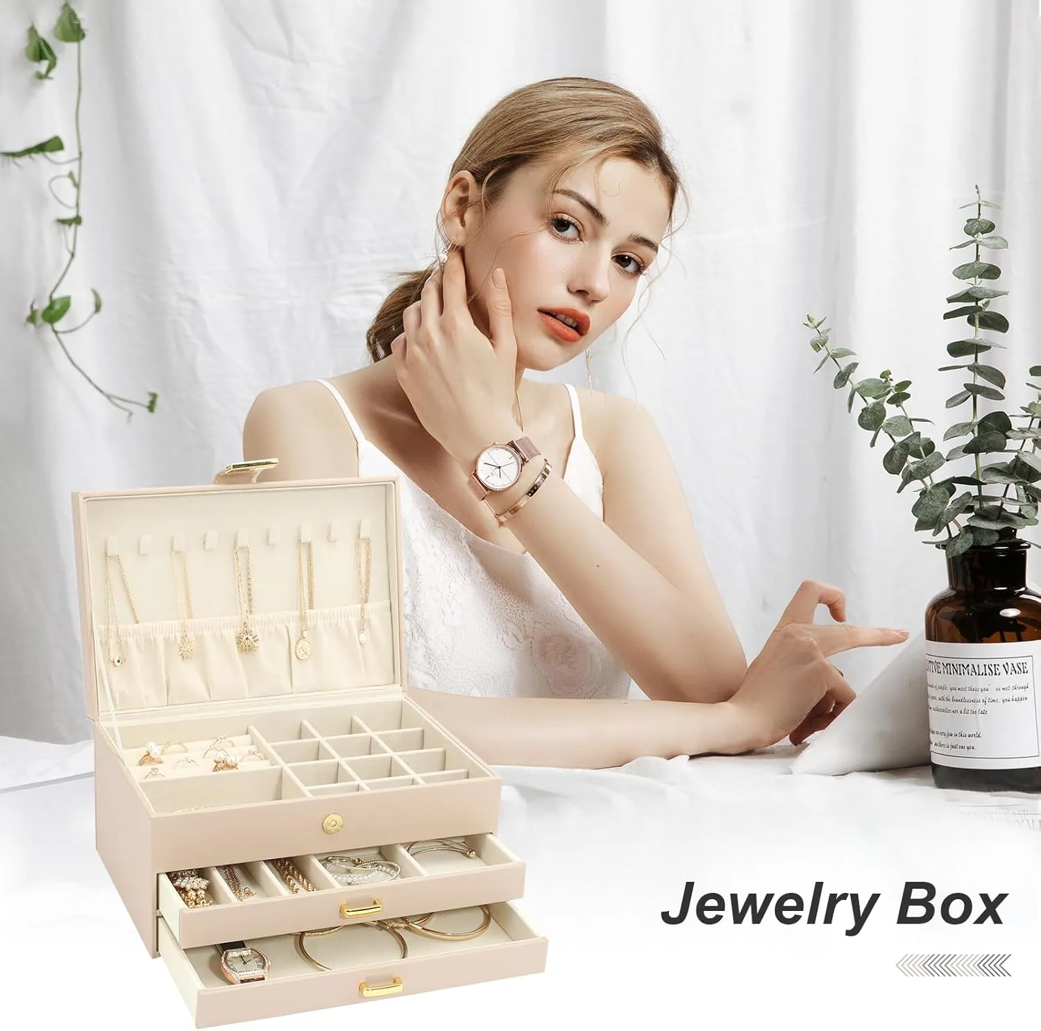 Girls, Best Gifts for Christmas Valentine's Day New Year.(Apricot) you 3-Layer Jewelry Box with 2 Drawers, Large Capacity Jewelry Holder Box for Women 