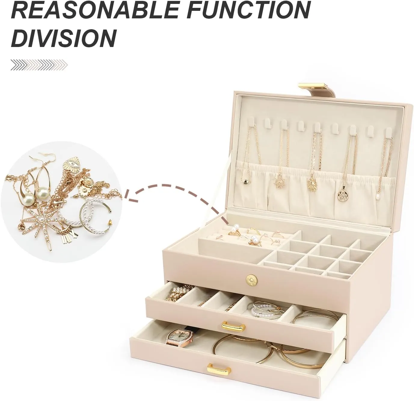 Girls, Best Gifts for Christmas Valentine's Day New Year.(Apricot) you 3-Layer Jewelry Box with 2 Drawers, Large Capacity Jewelry Holder Box for Women 