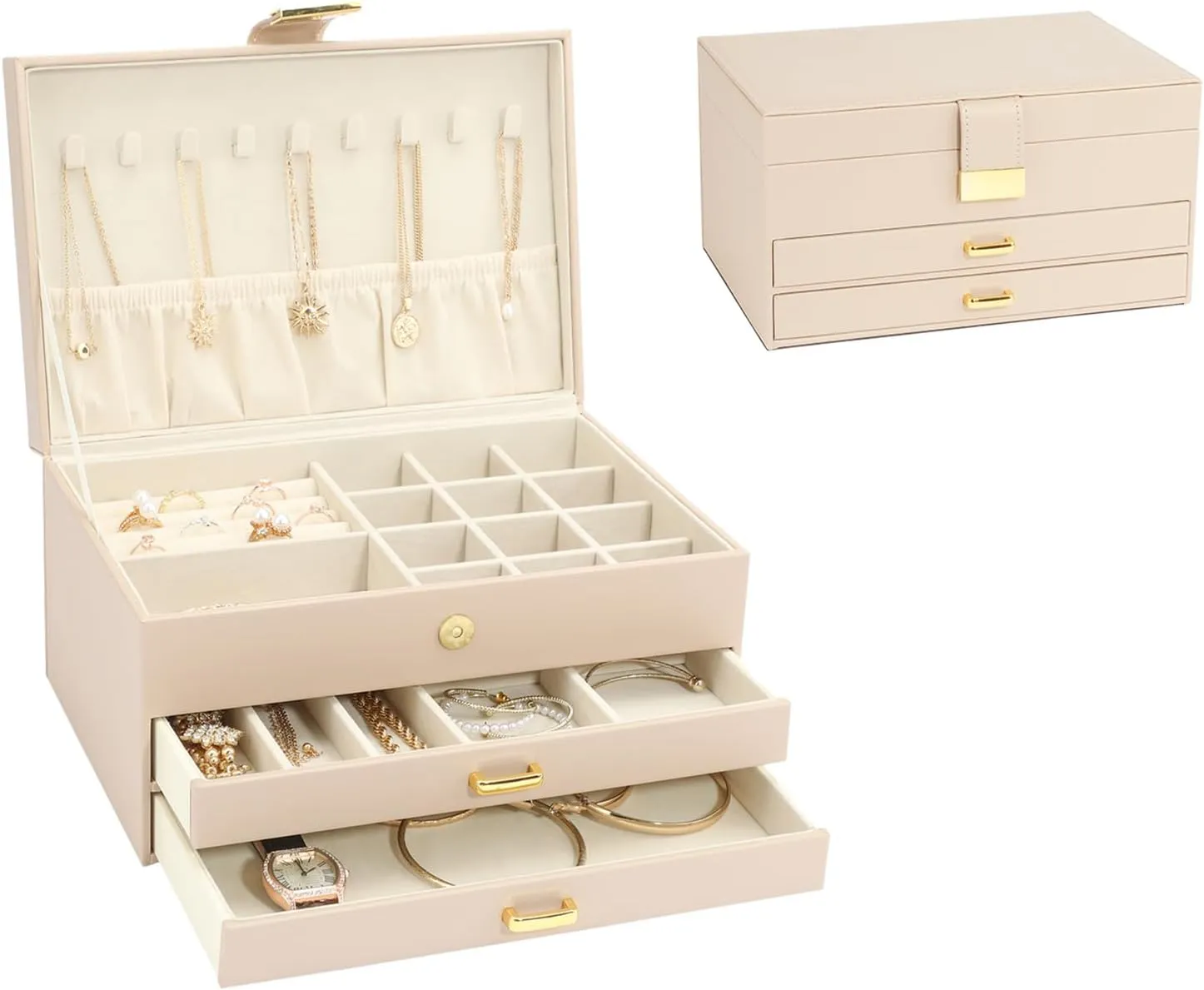 Girls, Best Gifts for Christmas Valentine's Day New Year.(Apricot) you 3-Layer Jewelry Box with 2 Drawers, Large Capacity Jewelry Holder Box for Women 