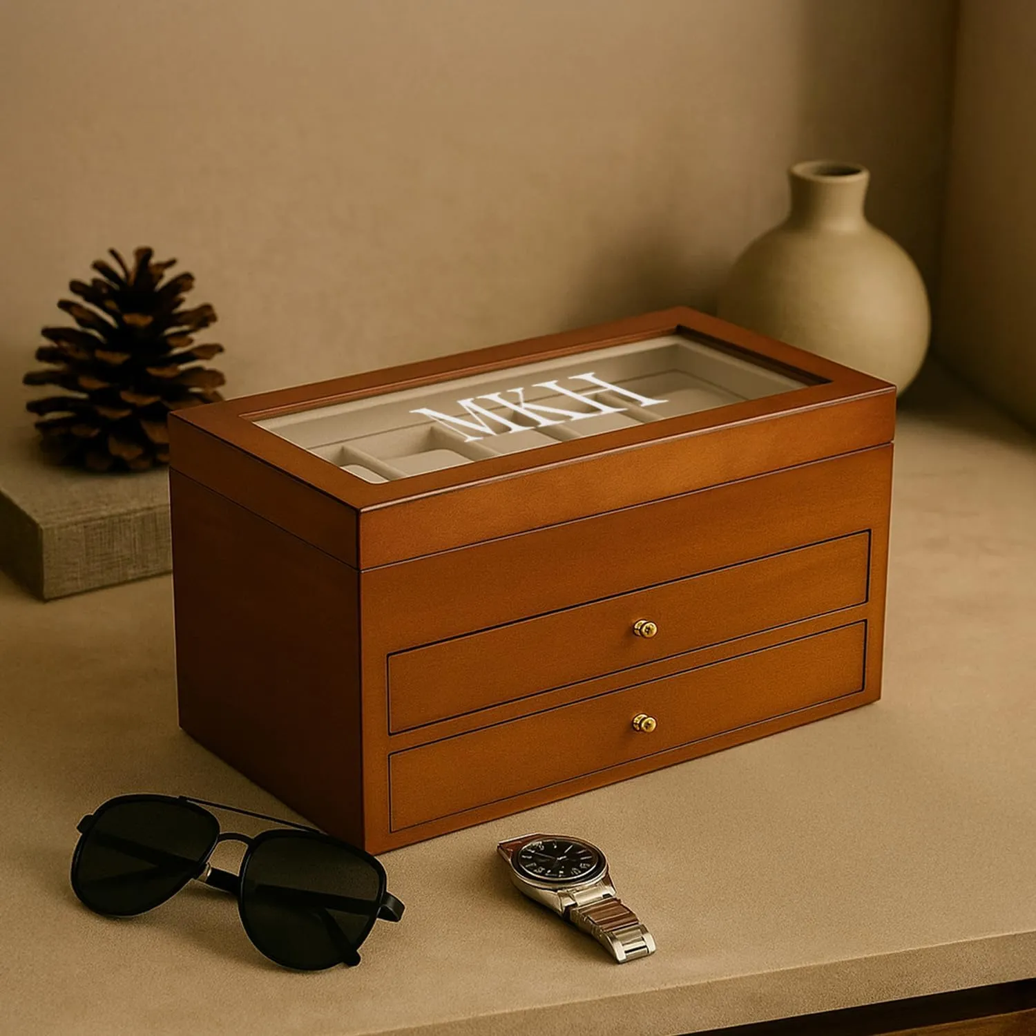 Glass Display Top Bey-Berk Custom Personalized 1-48 Slot Watch Box junior criticize Organizer Solid Wood with 