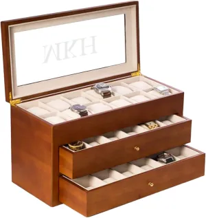 Glass Display Top Bey-Berk Custom Personalized 1-48 Slot Watch Box junior criticize Organizer Solid Wood with 
