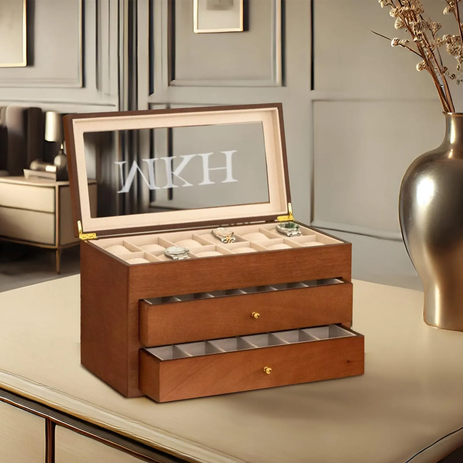 Glass Display Top Bey-Berk Custom Personalized 1-48 Slot Watch Box junior criticize Organizer Solid Wood with 
