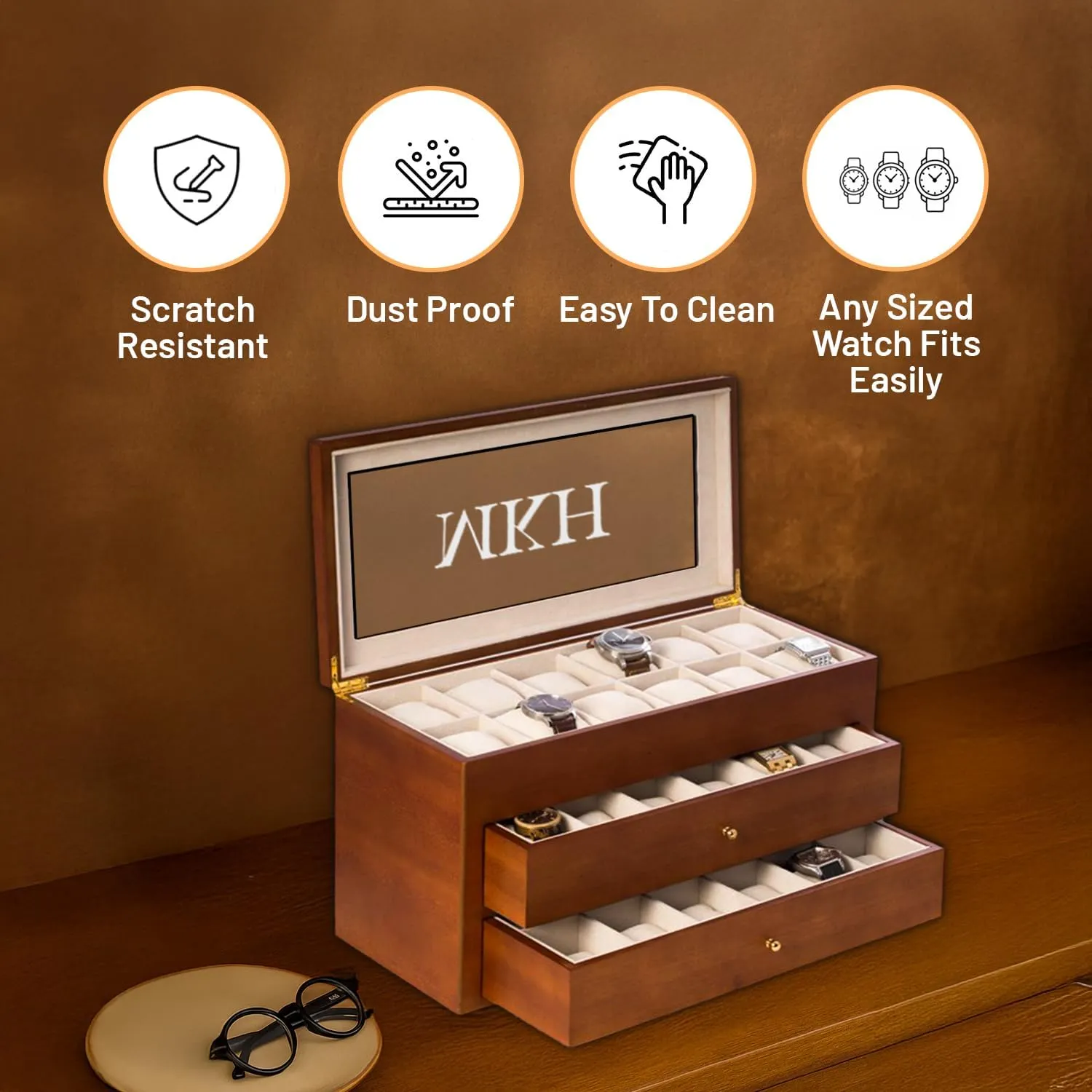 Glass Display Top Bey-Berk Custom Personalized 1-48 Slot Watch Box junior criticize Organizer Solid Wood with 
