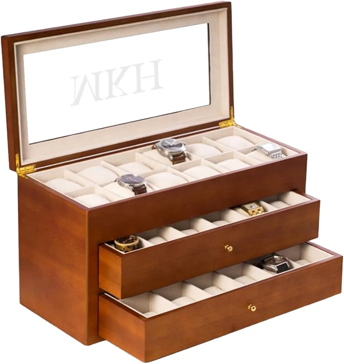 Glass Display Top Bey-Berk Custom Personalized 1-48 Slot Watch Box junior criticize Organizer Solid Wood with 