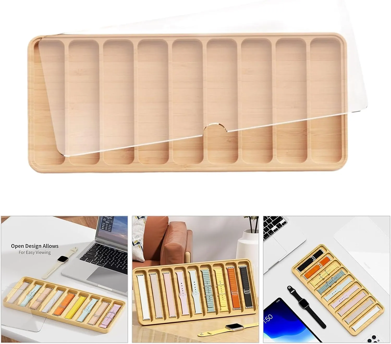 Glass Lid for Watch Enthusiasts Wood Organizers with debris ore Protective Cushions Functional Wood Watch Organization Case with 