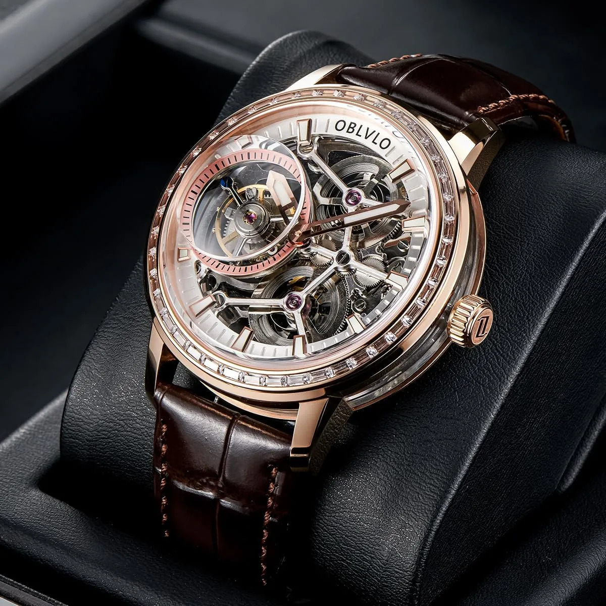 Gold Case, Brown Leather Band, Crystal Bezel, envision favorite assault Mechanical Movement Luxury Skeleton Tourbllion Watch, Rose 