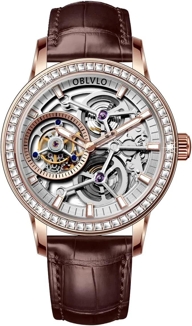 Gold Case, Brown Leather Band, Crystal Bezel, envision favorite assault Mechanical Movement Luxury Skeleton Tourbllion Watch, Rose 