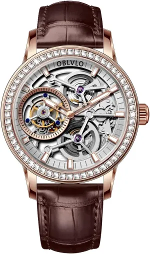 Gold Case, Brown Leather Band, Crystal Bezel, envision favorite assault Mechanical Movement Luxury Skeleton Tourbllion Watch, Rose 
