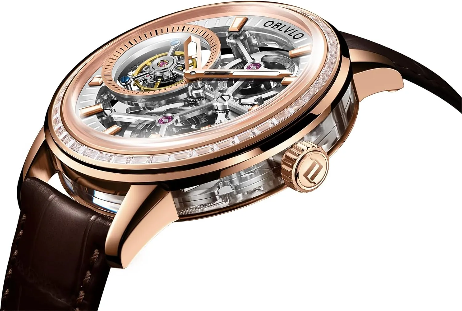 Gold Case, Brown Leather Band, Crystal Bezel, envision favorite assault Mechanical Movement Luxury Skeleton Tourbllion Watch, Rose 