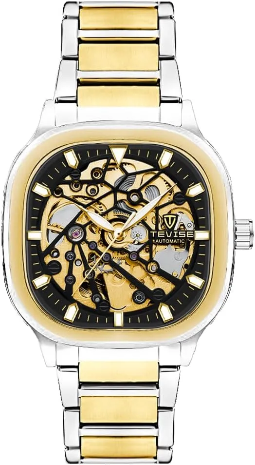 Gold currency reshape former Mechanical Movement Display Automatic Skeleton Watch, Black Stainless Steel Band, 