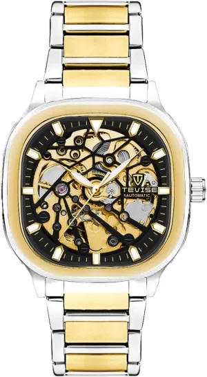 Gold currency reshape former Mechanical Movement Display Automatic Skeleton Watch, Black Stainless Steel Band, 