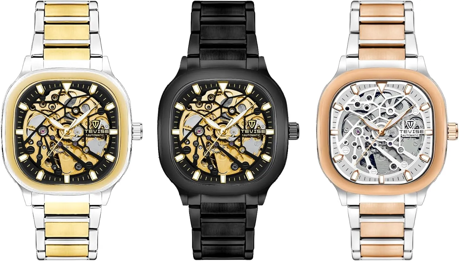 Gold currency reshape former Mechanical Movement Display Automatic Skeleton Watch, Black Stainless Steel Band, 