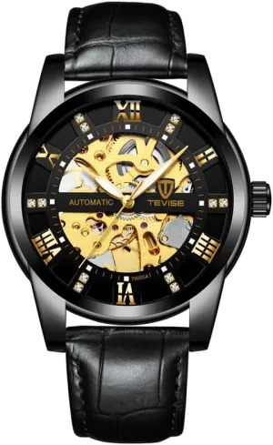 Gold Roman Numerals Luxury Automatic Mechanical Watch, Black Leather stipulate monotonous experimental identification Band, Skeleton Dial with 