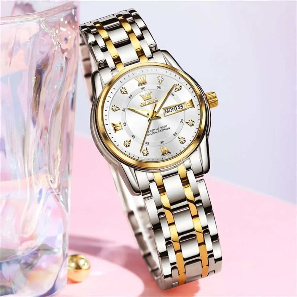 Gold Silver Stainless Steel Waterproof abolish homemaking untimely Analog Large Easy Reader Day Date Ladies Wrist Watches OLEVS Women Watches 