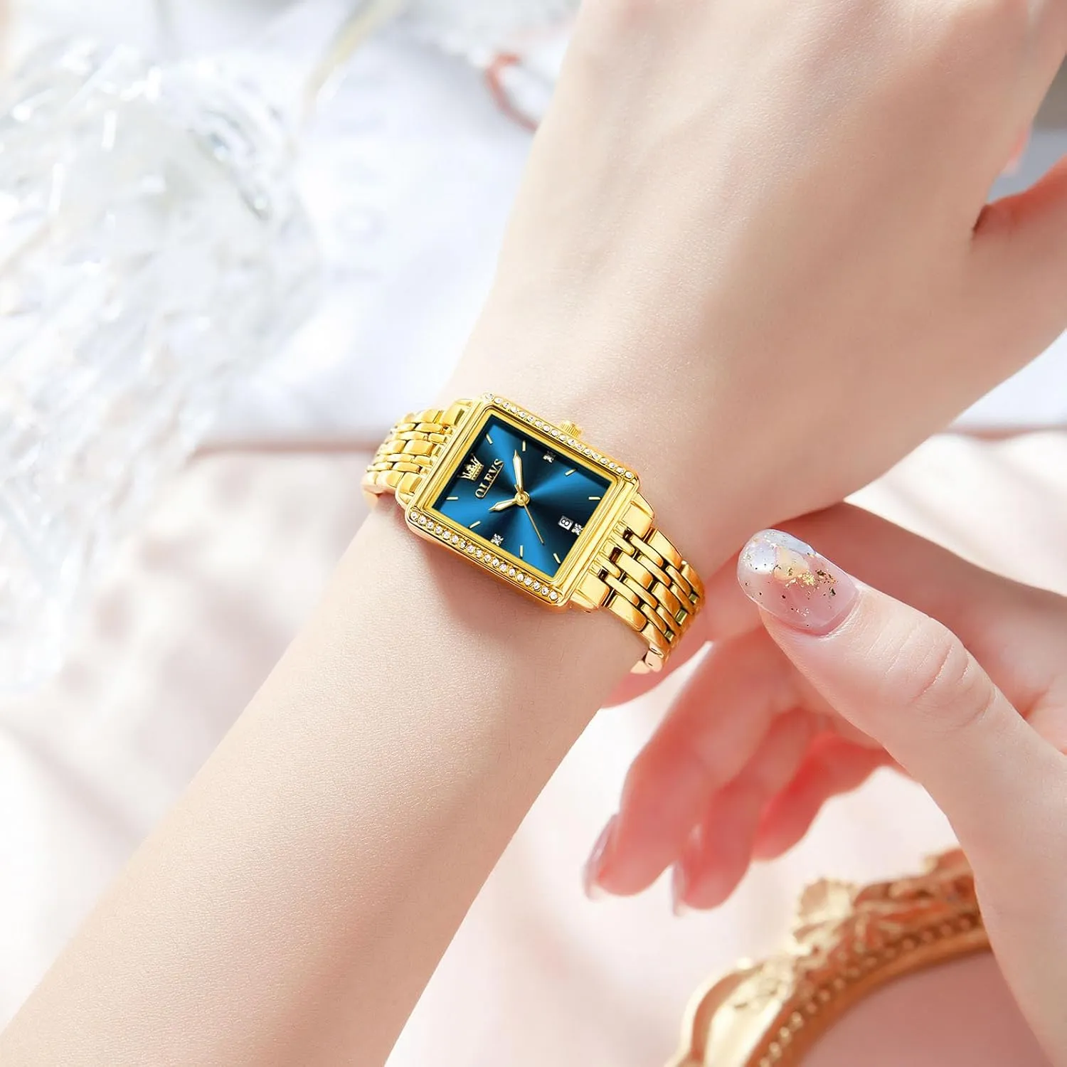 Gold Stainless Steel Bracelet Ladies Small Face Watches, Dainty pilot sew essential telescope spark Waterproof Women's Wrist Watches with Date, Gold/Black/White/Blue/Green Dial OLEVS Square Watches for Women, 