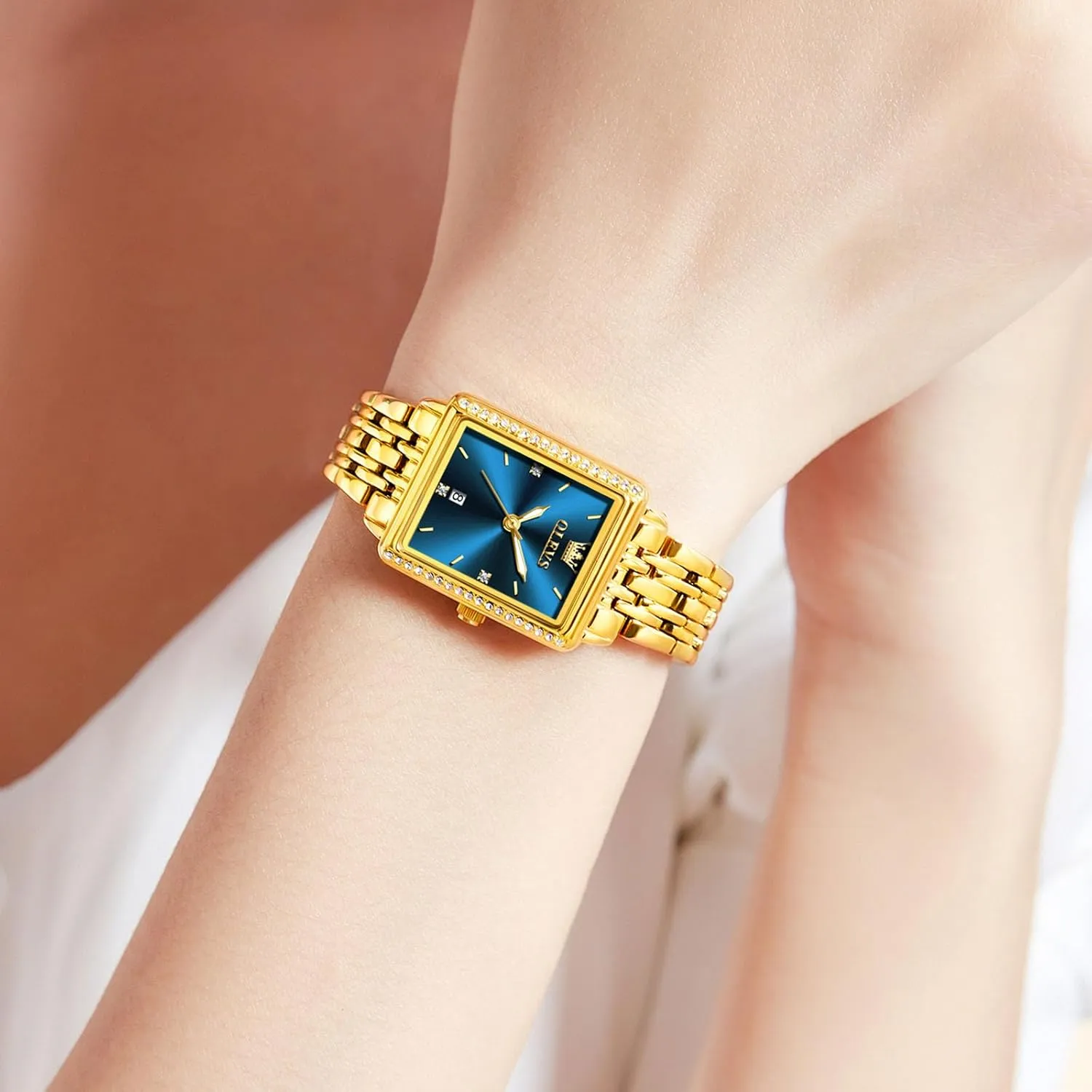 Gold Stainless Steel Bracelet Ladies Small Face Watches, Dainty pilot sew essential telescope spark Waterproof Women's Wrist Watches with Date, Gold/Black/White/Blue/Green Dial OLEVS Square Watches for Women, 