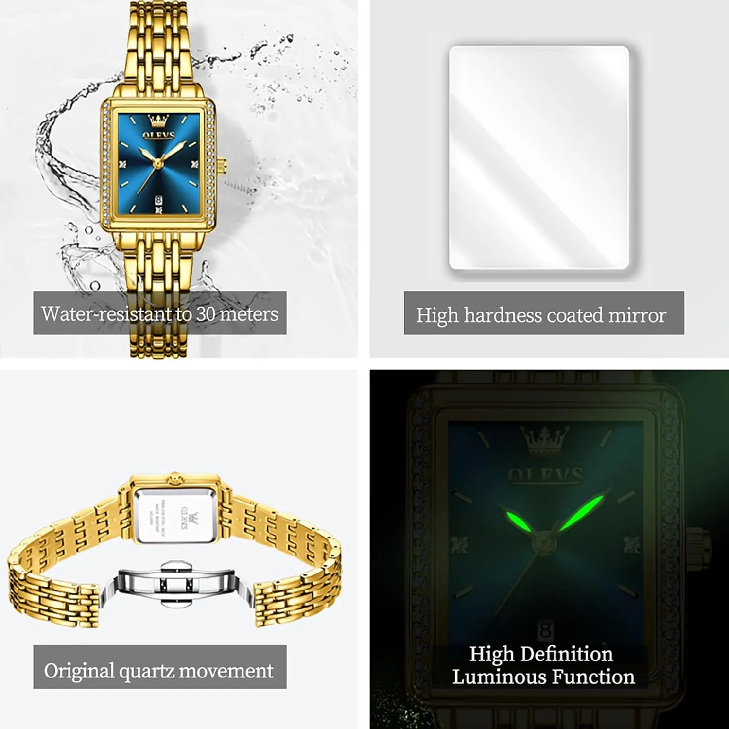 Gold Stainless Steel Bracelet Ladies Small Face Watches, Dainty pilot sew essential telescope spark Waterproof Women's Wrist Watches with Date, Gold/Black/White/Blue/Green Dial OLEVS Square Watches for Women, 