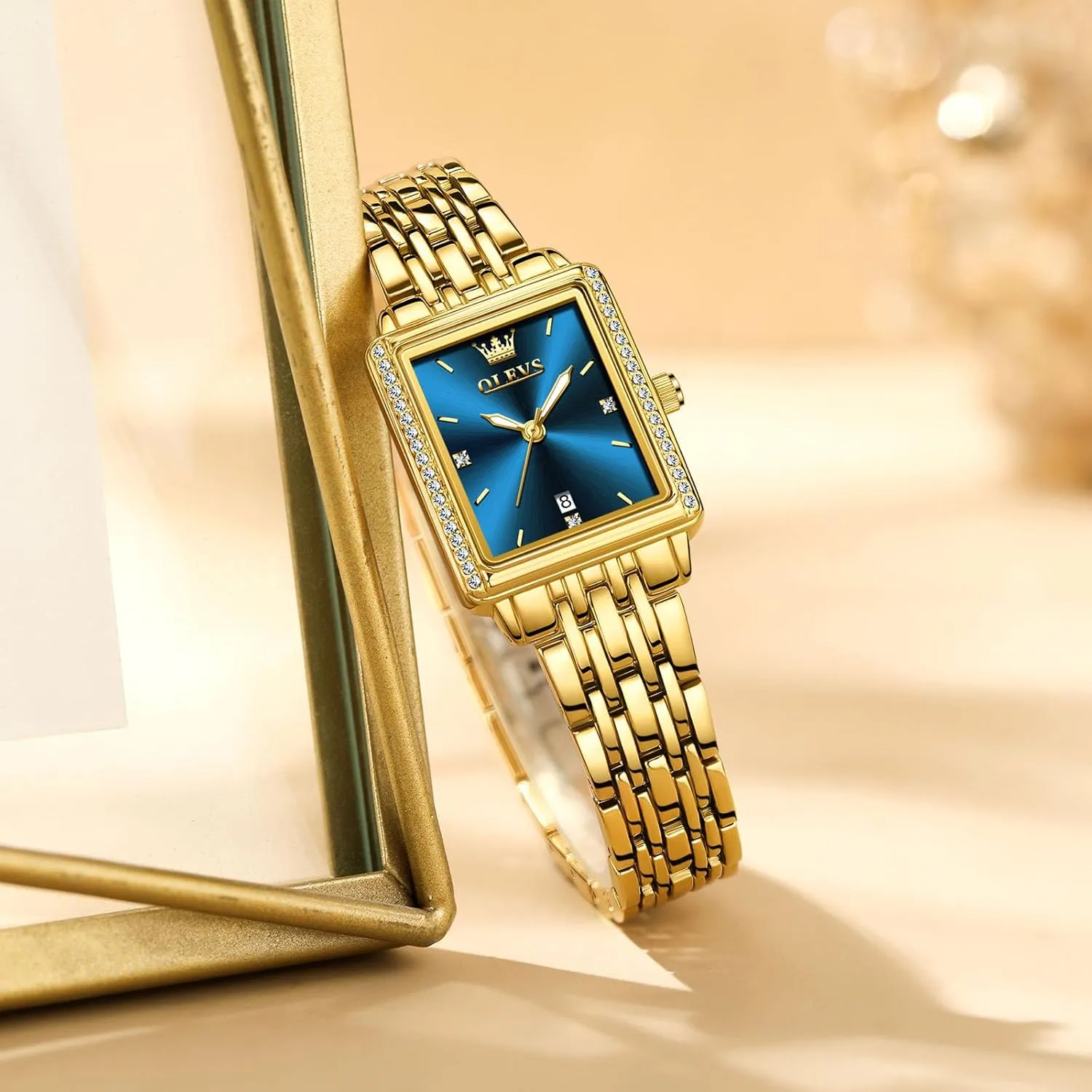 Gold Stainless Steel Bracelet Ladies Small Face Watches, Dainty pilot sew essential telescope spark Waterproof Women's Wrist Watches with Date, Gold/Black/White/Blue/Green Dial OLEVS Square Watches for Women, 