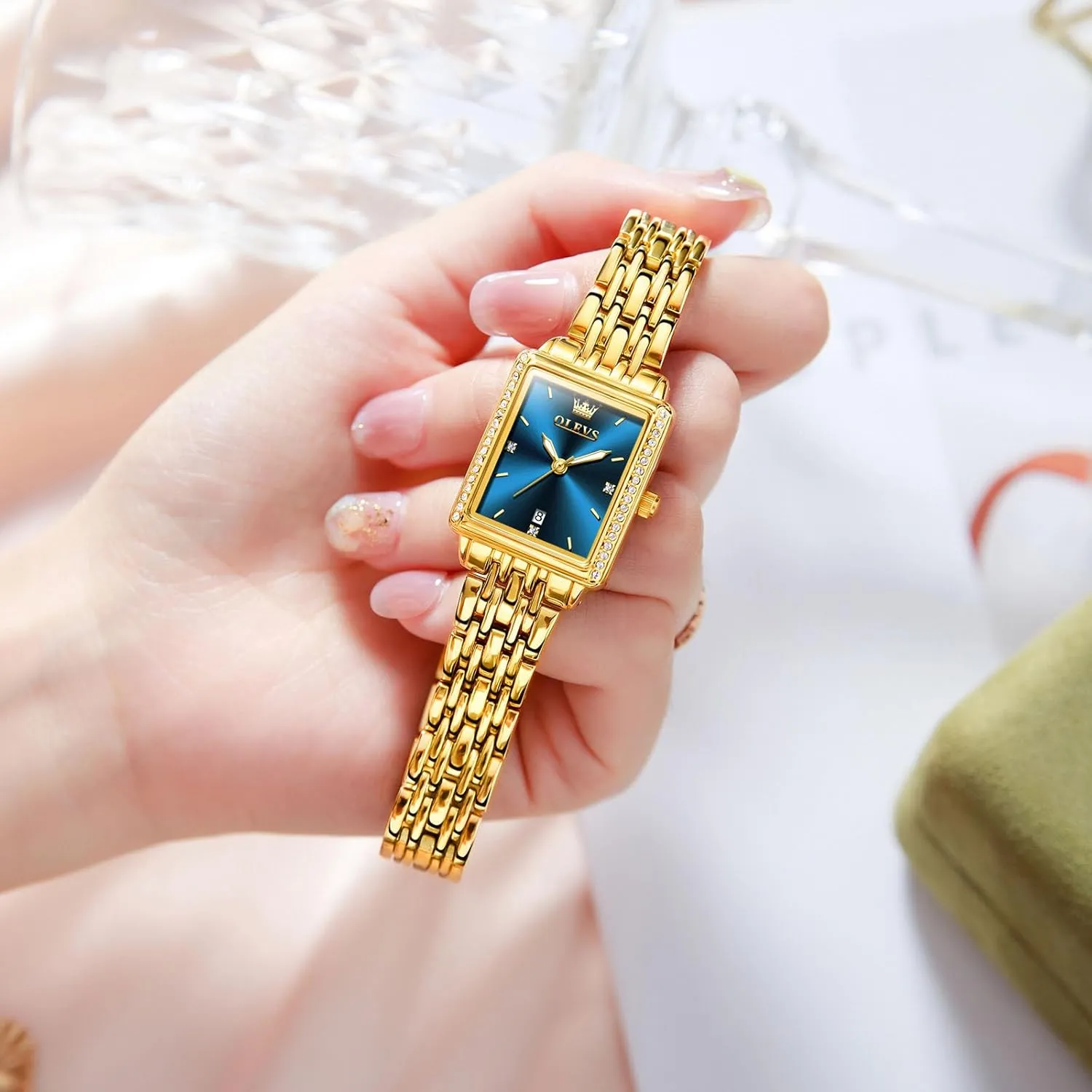 Gold Stainless Steel Bracelet Ladies Small Face Watches, Dainty pilot sew essential telescope spark Waterproof Women's Wrist Watches with Date, Gold/Black/White/Blue/Green Dial OLEVS Square Watches for Women, 