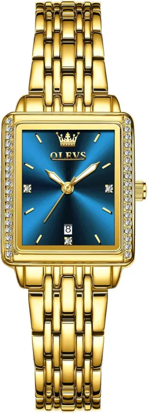 Gold Stainless Steel Bracelet Ladies Small Face Watches, Dainty pilot sew essential telescope spark Waterproof Women's Wrist Watches with Date, Gold/Black/White/Blue/Green Dial OLEVS Square Watches for Women, 